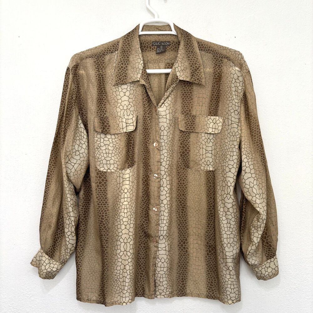 Womens Vintage Old Money Silk Snake Print Button Up XL Parisian Capsule Luxury